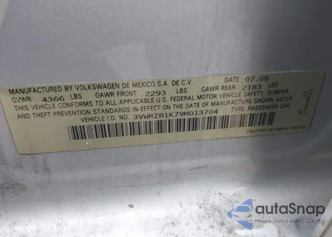 2009 Volkswagen Jetta Se/Sel z USA, uszkodzony, nr VIN 3VWRZ81K79M013704